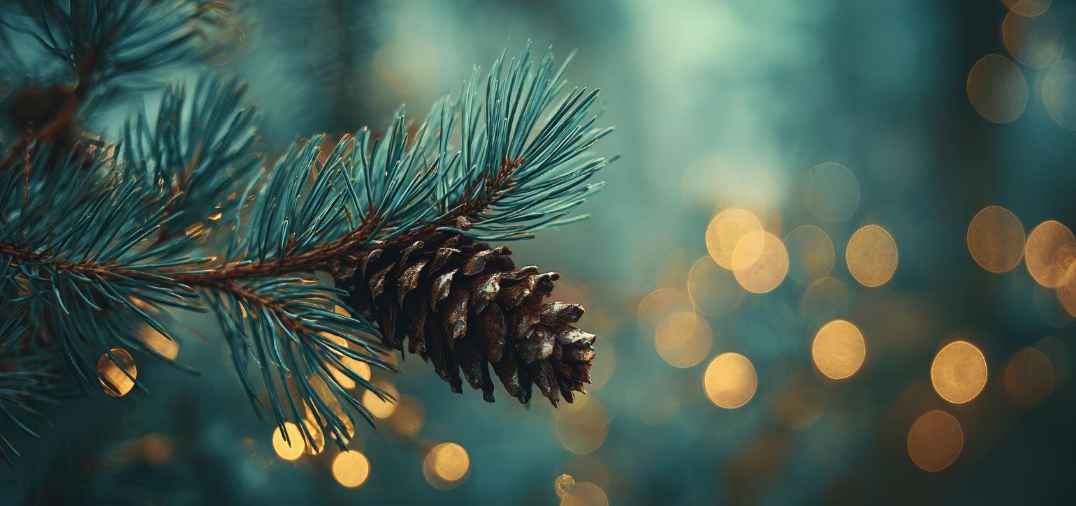 Christmas tree branch with lights in background