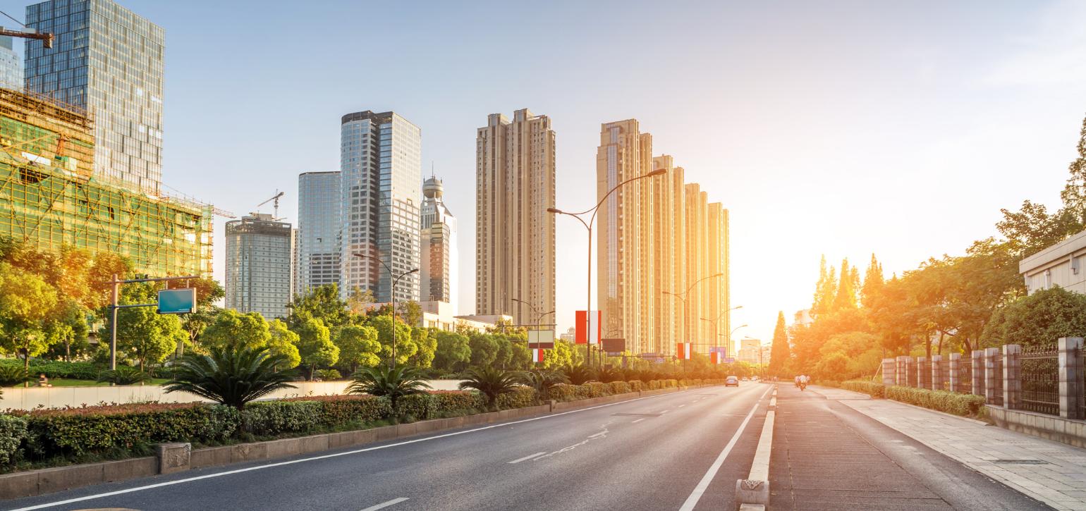 buildings and street in sunlight
