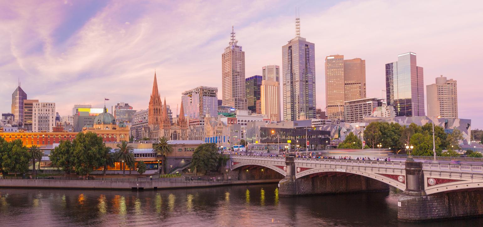 Melbourne CBD skyline at sunset