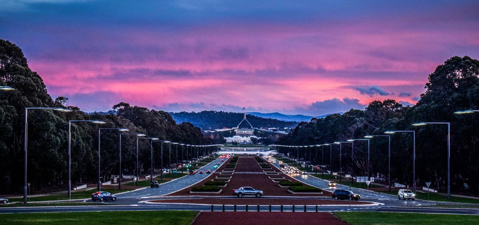 Canberra government building in a purple glow sunset