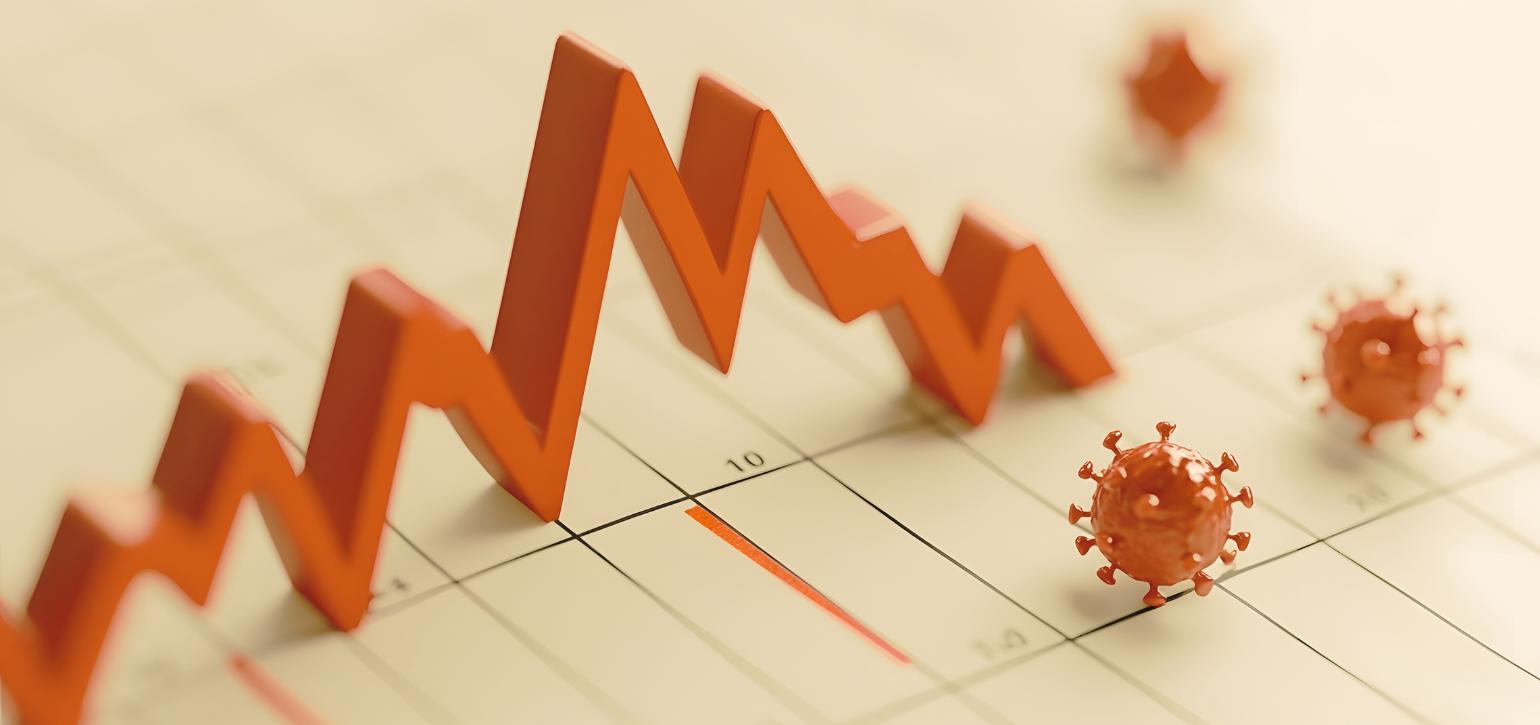 3D orange graph on paper with virus graphic