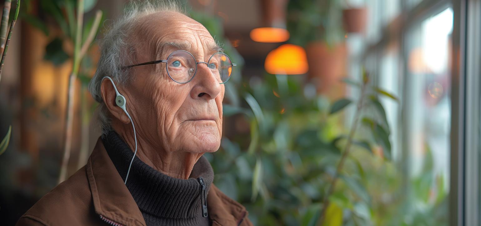 older man with earpiece staring through window with green plants behind