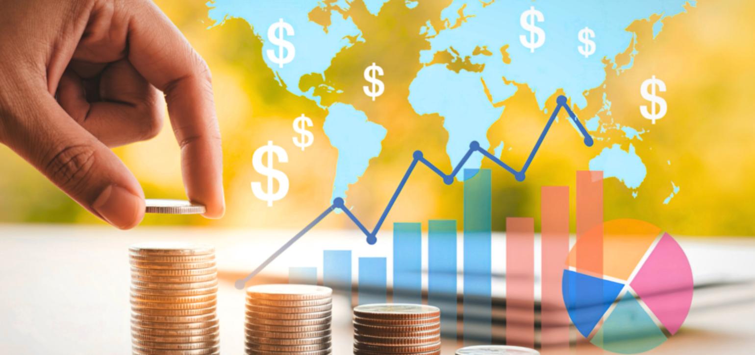 graph and coins with yellow map background