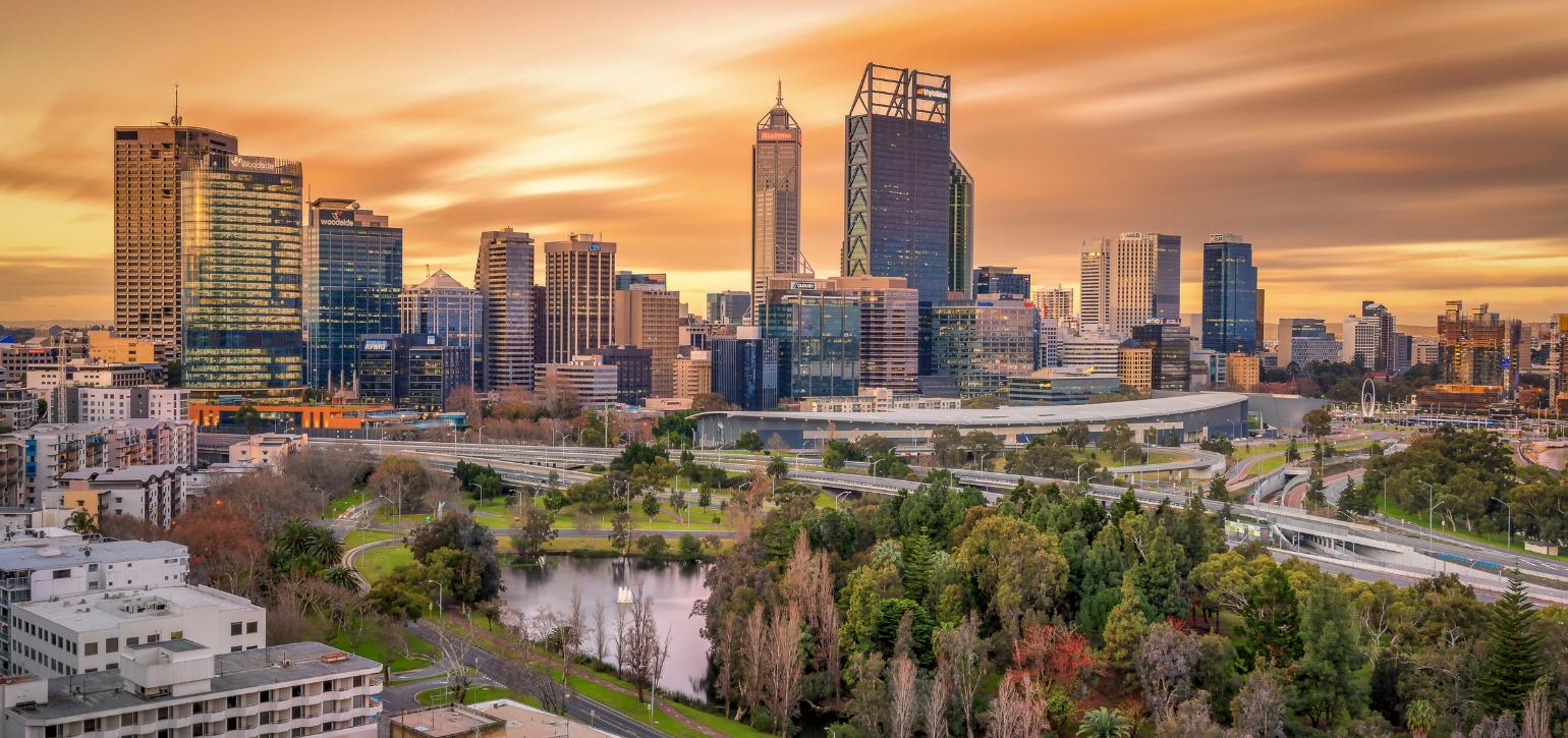 Sunset aerial of Perth CBD
