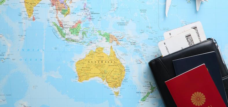 map with passports and tickets