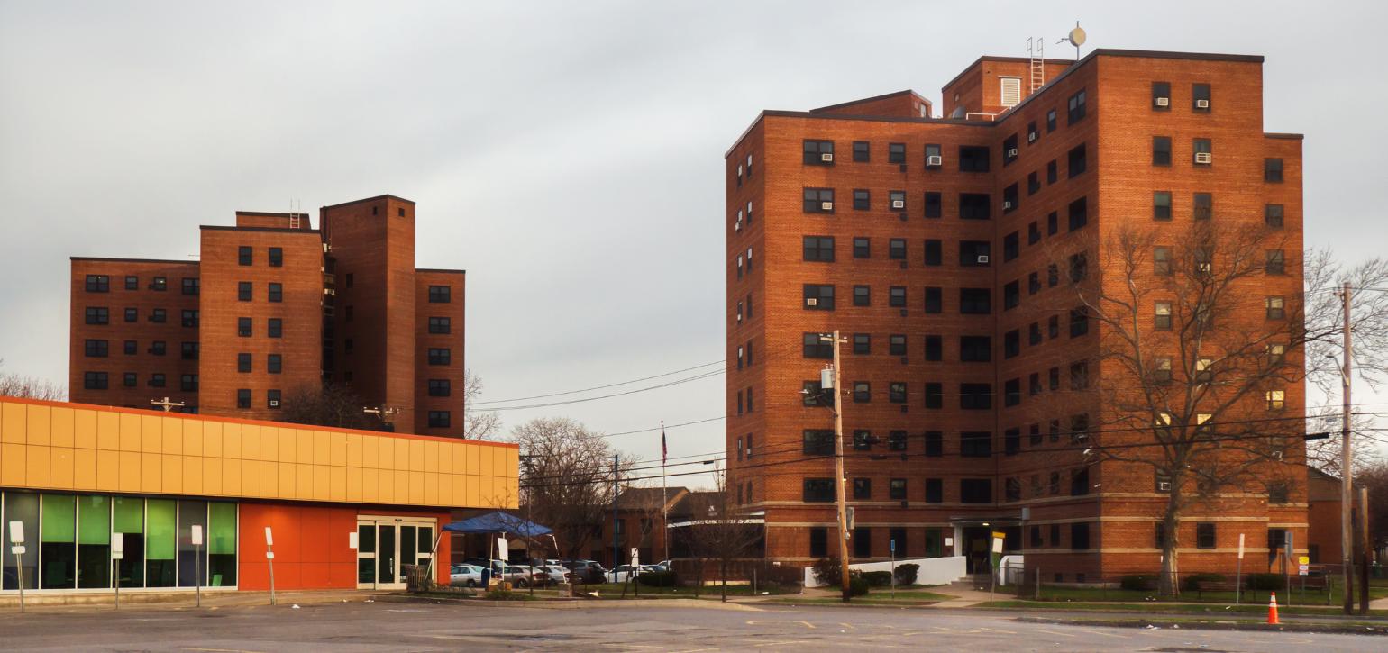 low income housing area with high rise blocks