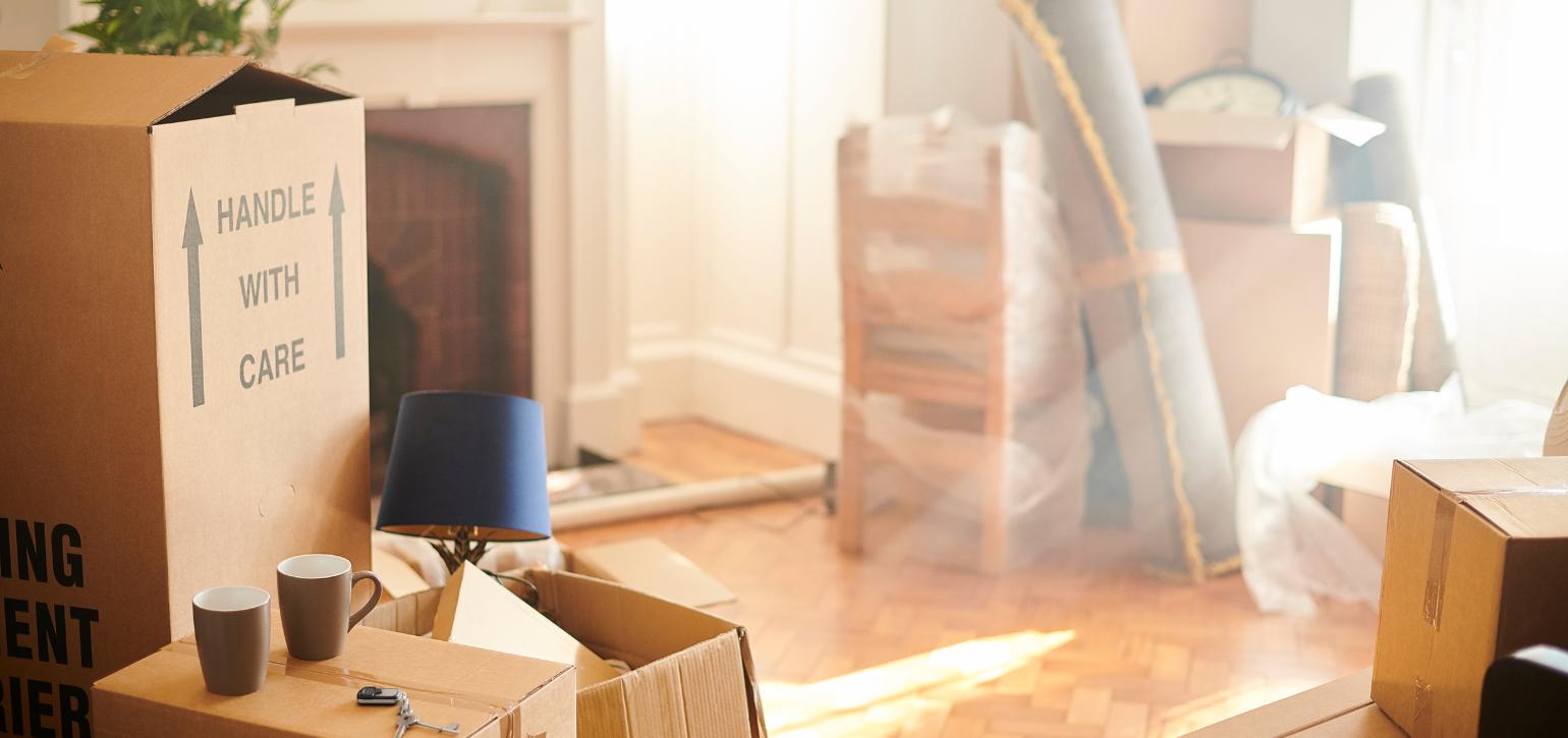 room in house packed up for moving