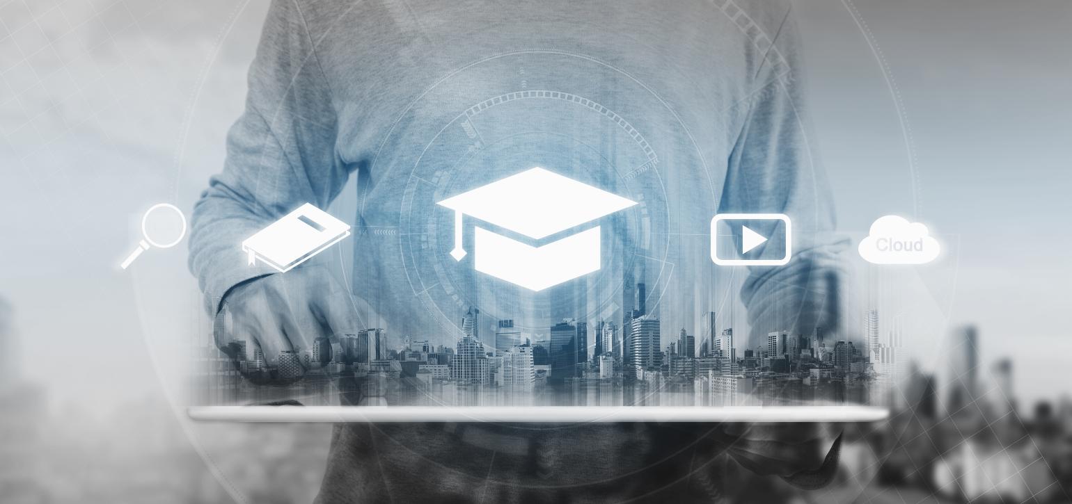 Person standing in business shirt with graphic overlays