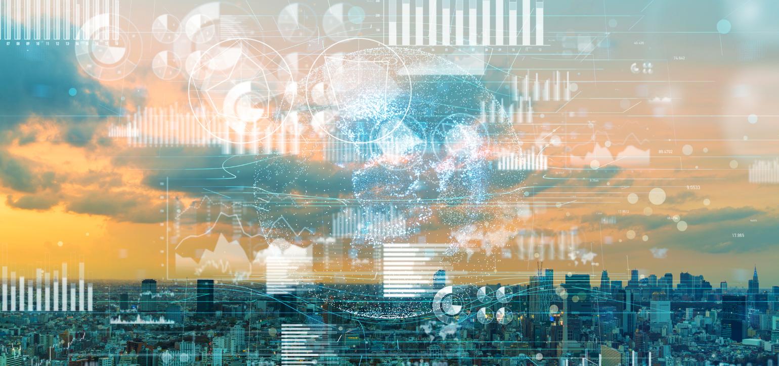 aerial view of city at sunset with data overlay