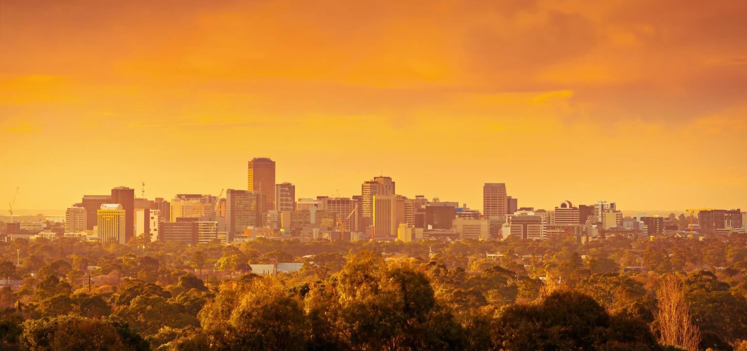 sunset over city skyline