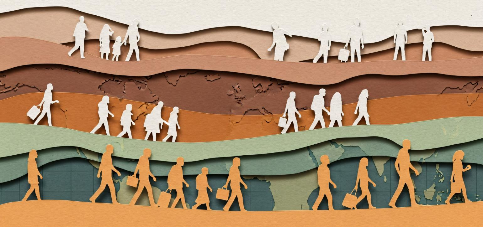 figurines of people walking across 3D layers earth layers