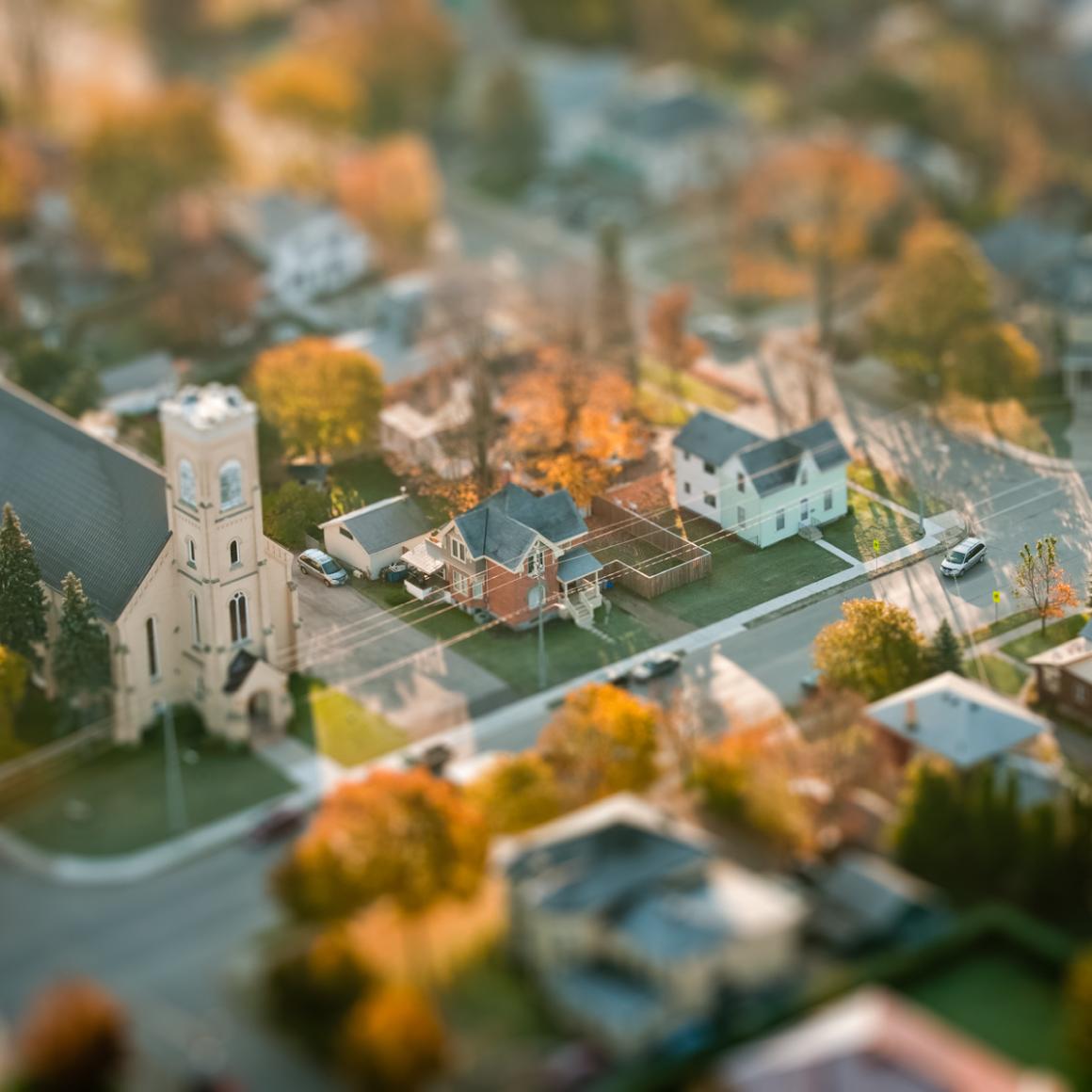 small town aerial shot with 3D effect