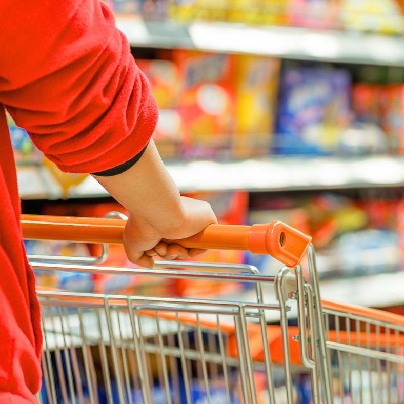 person pushing a shopping cart in the supermarket