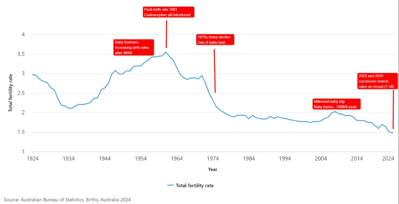 National fertility rate 1924 to 2024, a graph showing a spike in the 1950s and an overall decline since then.