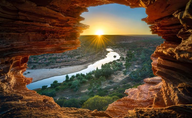 A view through rocks into the sun from Nature's Window in Kalbarri National Park.