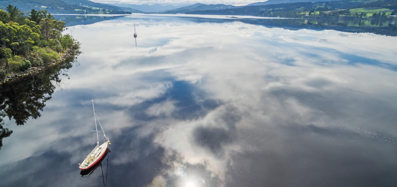 Huon Valley Tasmania aerial view with yacht